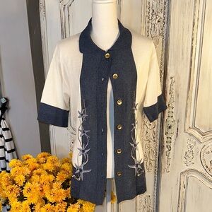 VINTAGE Chic made in Italy Navy and Cream Embroidered Knit Cardigan